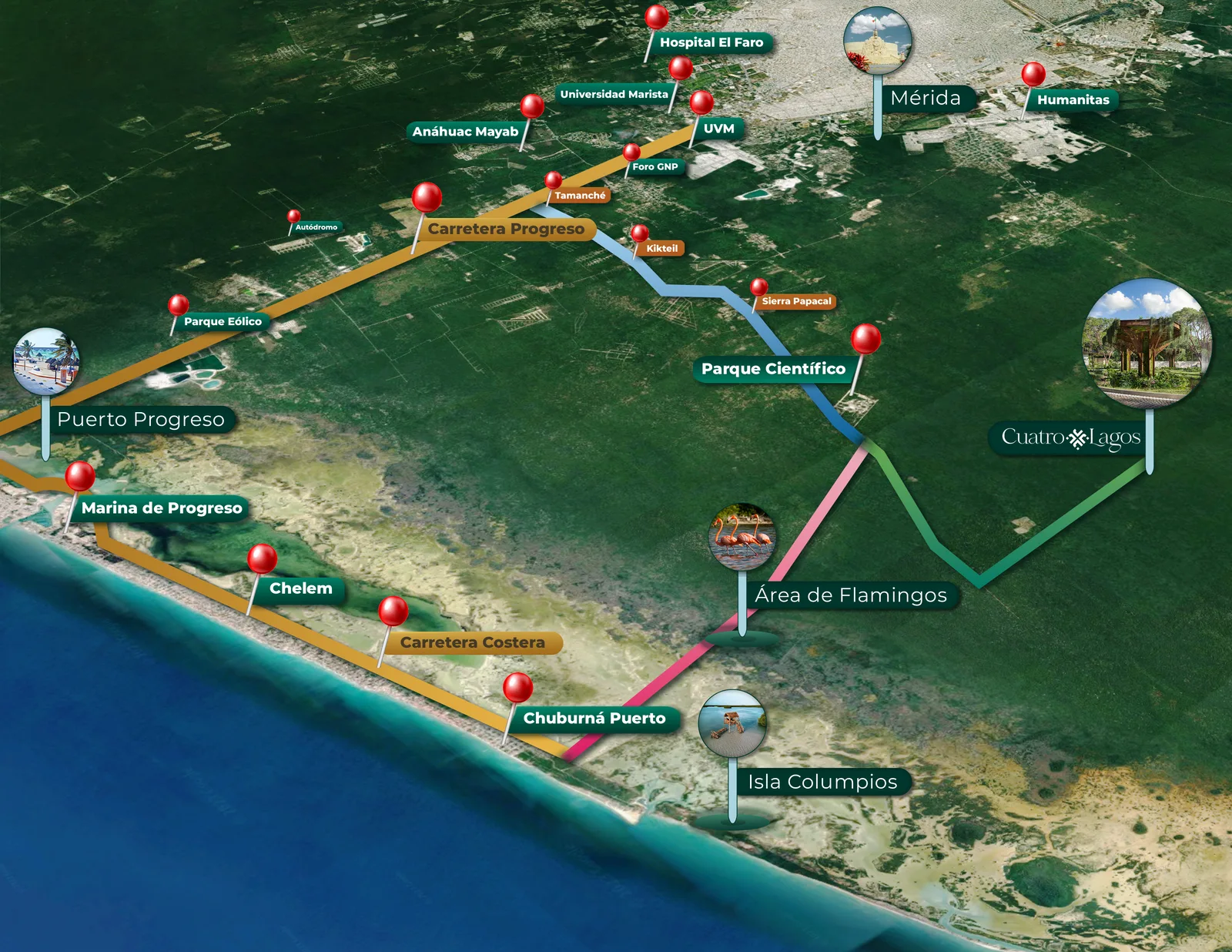 Mapa de la zona: Cuatro Lagos entre Mérida, Puerto Progreso y la playa de Chuburná, con universidades, hospitales y el parque científico señalados